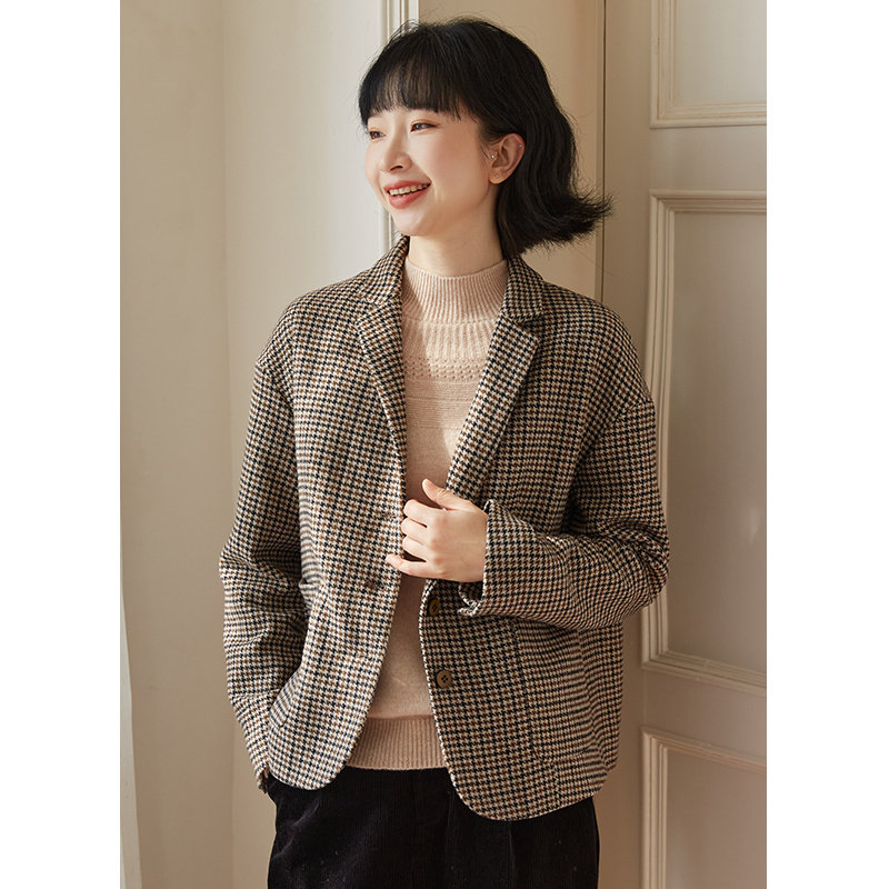 忘城保暖黑咖格羊毛毛呢西装外套