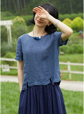 忘城Y418座/菊次郎的夏天/夏新款21支强捻亚麻橙黄色两色短袖T恤