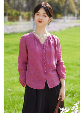 忘城21支色织亚麻v领文艺小衫