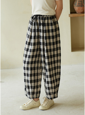 忘城H755座/黑白对弈/24春夏新款17支色织亚麻黑白格哈伦裤女裤