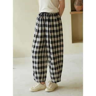 女裤 忘城H755座 17支色织亚麻黑白格哈伦裤 24春夏新款 黑白对弈