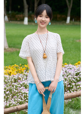 忘城H1598座/星河入夏/夏100支轻薄苎麻波点印花小衫短袖防晒上衣