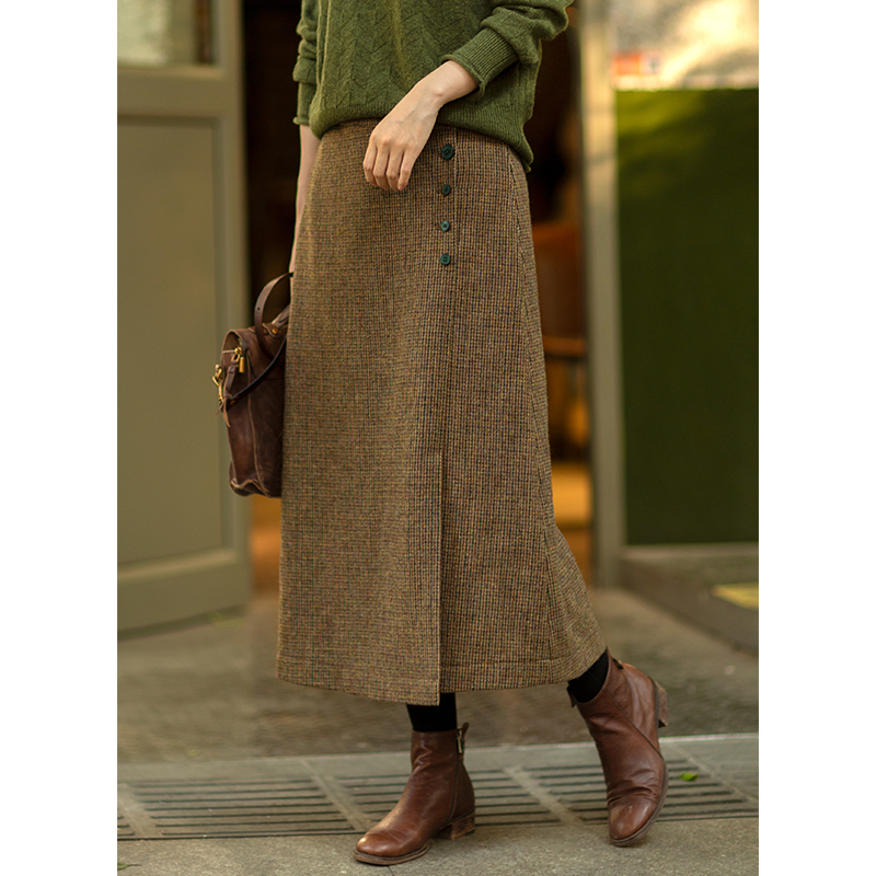 忘城色织格子复古小A显瘦半身裙