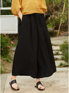 忘城T321座/星群闪烁/2024春季新款25支色织亚麻简约黑色阔腿裤女