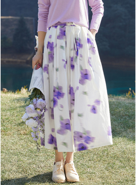 忘城A845座/紫色花海/春季60支长绒棉朦胧花朵印花a字文艺半身裙