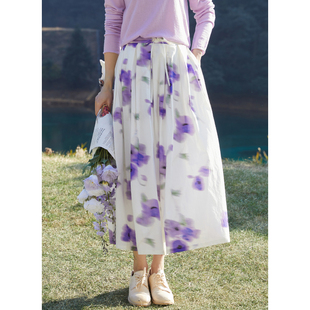 60支长绒棉朦胧花朵印花a字文艺半身裙 春季 忘城A845座 紫色花海