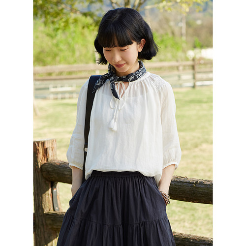 忘城设计感百搭苎麻门襟系带小衫