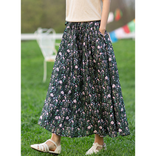 忘城C936座 2023夏季 新款 42支苎麻黑底印花裹裙半身裙 夏日花园