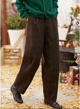 忘城L116座/复古唱片/2023冬新品咖色格子毛呢萝卜裤保暖长裤女