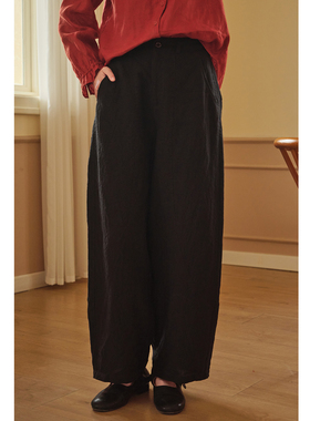 忘城A1206座/南法小镇/春黑色14支色织亚麻气球裤百搭显瘦休闲裤