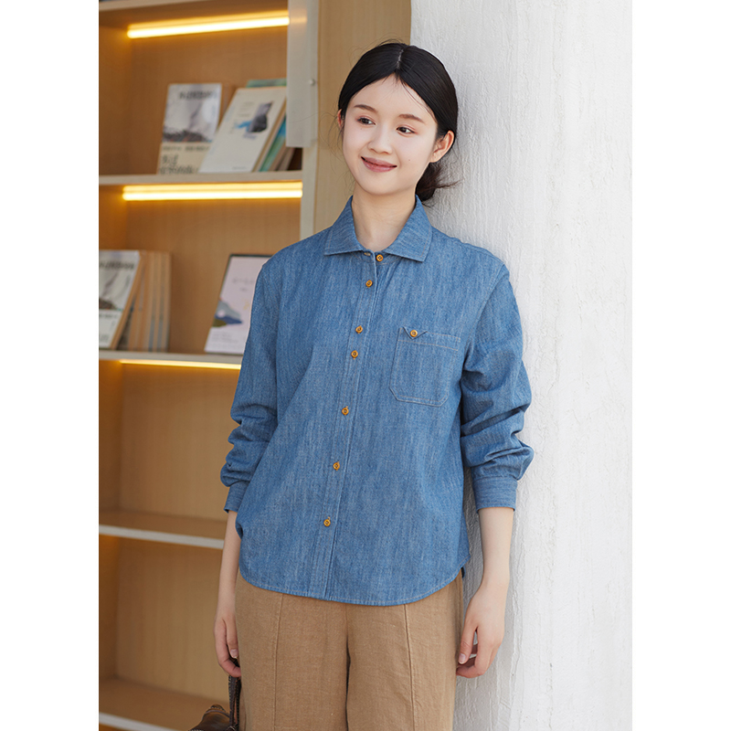 忘城A1024座/时光胶片/秋季新款法式复古长袖亚麻棉牛仔衬衫衬衣