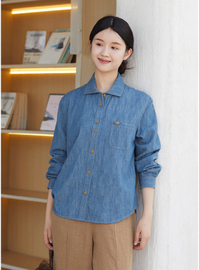 忘城A1024座/时光胶片/秋季新款法式复古长袖亚麻棉牛仔衬衫衬衣