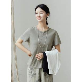 汉麻棉混纺短袖 忘城H1242座 新款 夏季 T恤白色不规则上衣女 简单美