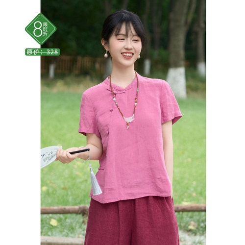 17*21支砂洗亚麻中式盘扣小衫女