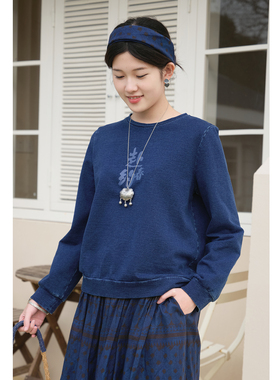 忘城H1491座/赴春约/26春款棉混纺印花长袖t恤休闲卫衣百搭上衣女