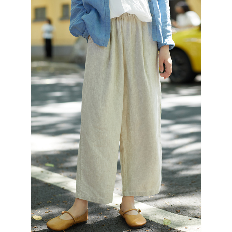 忘城A1023座/月色如丝/秋季新款9支亚麻原麻色显瘦百搭哈伦裤裤子