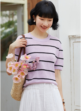 忘城A516座/木槿依旧/2024春夏季新款和纸纱棉混纺紫色条纹T恤女
