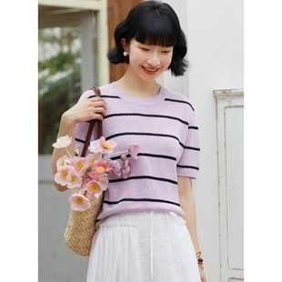 忘城A516座 2024春夏季 新款 和纸纱棉混纺紫色条纹T恤女 木槿依旧
