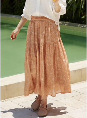 忘城H834座/橙色盛夏/夏新款显瘦垂坠100支苎麻橙色印花a字半身裙