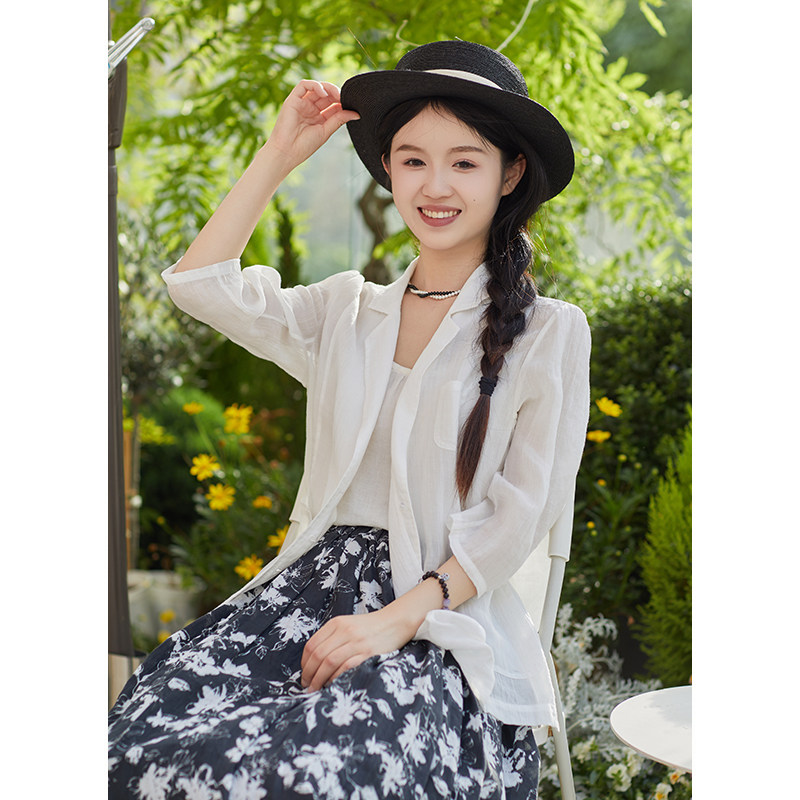 忘城Y693座/与清风对谈/夏季新款42支苎麻天丝白色防晒衬衫外套女
