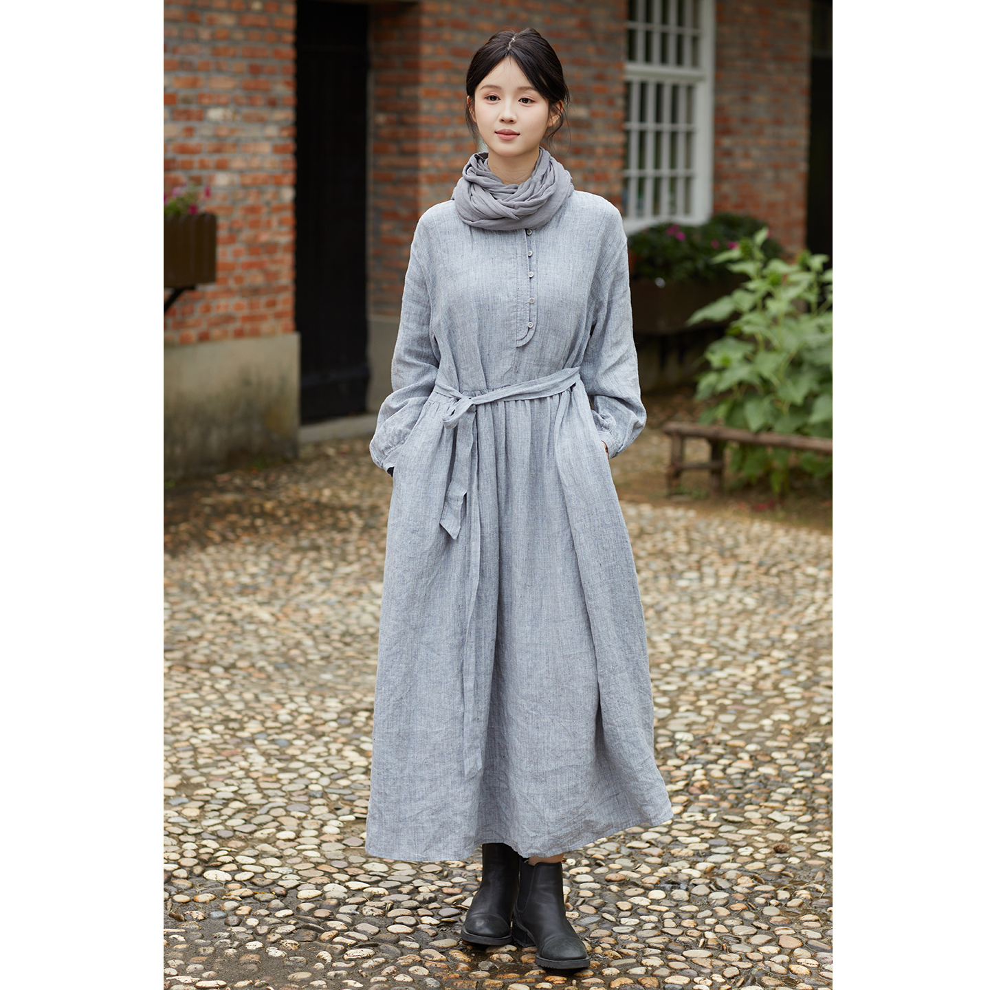 忘城N849座/秋霭/秋季新款14支色纺亚麻宽松遮肉文艺复古连衣裙女