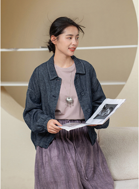 忘城9769座/牛仔女孩/2022秋新款JIN口色织亚麻水洗宽松短外套