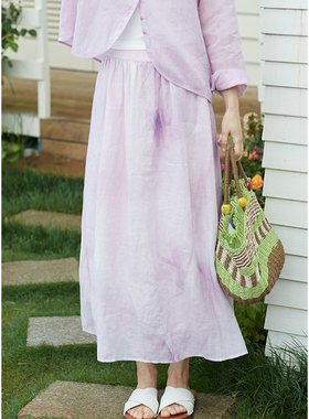 忘城A584座/极光裙/夏季新款文艺42支苎麻紫色印花a字直筒半身裙