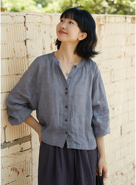 忘城A607座/幽幽月光/2024夏文艺25支色织亚麻插肩泡泡袖圆领衬衫