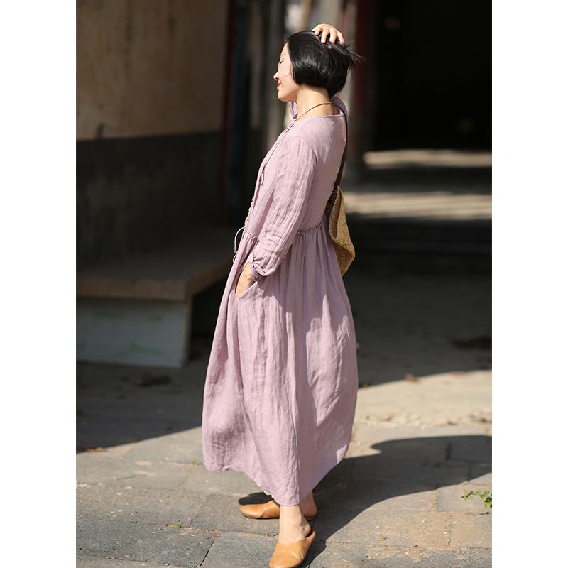 文艺中腰麻纯色系带飘逸显瘦