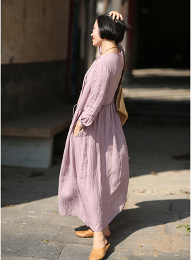 忘城C389座/紫色幻想/2022春新品25支色织亚麻圆领盘扣系带连衣裙
