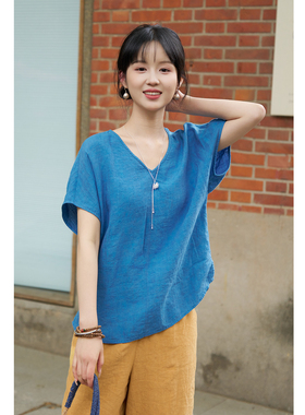 忘城A1266座/心动信号/春夏12支亚麻v领显瘦文艺小衫短袖T恤上衣