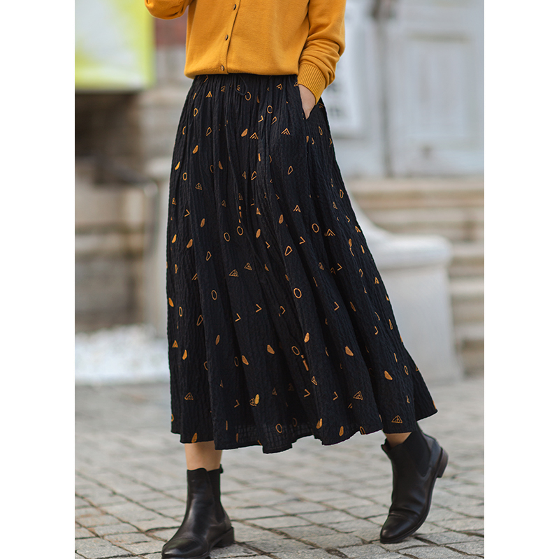 忘城中长裙A字裙文艺满绣半身裙