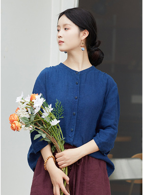 忘城N832座/风染秋色/早秋21支亚麻蓝色直筒显瘦外套圆领衬衫衬衣
