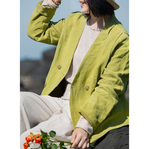 忘城文艺复古短款亚麻绿色西装