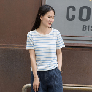 蓝白条纹亚麻天丝短袖 2022夏新品 简约圆领T恤 条纹T恤 忘城H104座