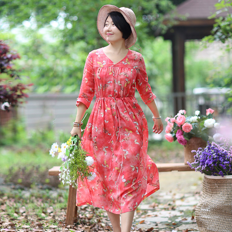 忘城A067座 蝴蝶 春夏新品文艺范V领石榴红苎麻蝴蝶印花连衣裙女|ruв категории Женская одежда, платье - от Buy2taobao.com для оказания профессиональной услуги покупки агента Taobao