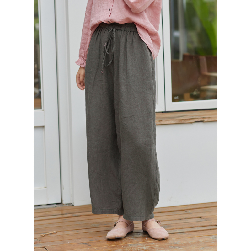 忘城N837座/另一种热情/早秋21支砂洗亚麻灰色显瘦直筒裤系带裤子