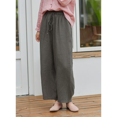 忘城N837座/另一种热情/早秋21支砂洗亚麻灰色显瘦直筒裤系带裤子