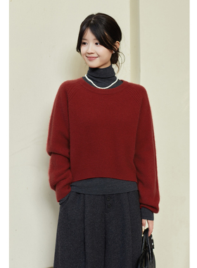 忘城C2032座/烬暖/冬新款绵羊毛混纺红色短款毛衣插肩袖显瘦上衣