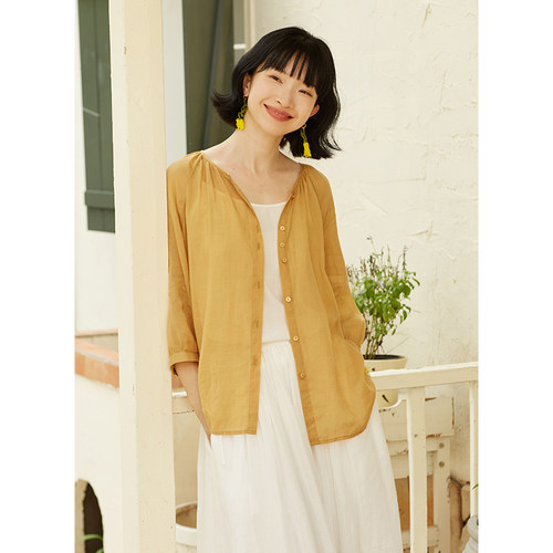 忘城文艺休闲100%苎麻窄圆领衬衫