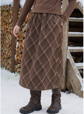 忘城A790座/新的开始/冬季法式复古咖棕色织格纹提花毛呢半身裙女