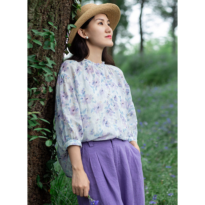 忘城T256座/夏日甜心/2023夏新款42支苎麻数码印花紫色木耳边衬衫怎么样,好用不?