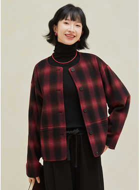 忘城A722座/红焰墨影/秋冬新款保暖羊毛混纺文艺色织格毛呢短外套