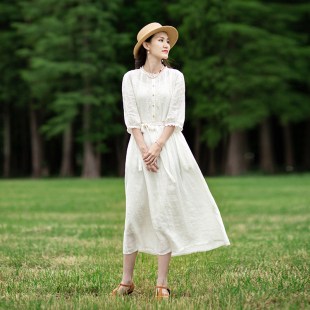 忘城C964座 2023夏季 新款 25支砂洗亚麻白色文艺连衣裙 卿卿白茶