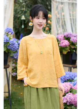 忘城H1541座/橘子汽水/夏17支色织亚麻圆领七分袖T恤文艺小衫上衣