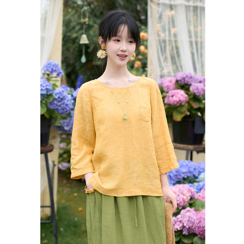 夏17支色织亚麻七分袖文艺T恤女
