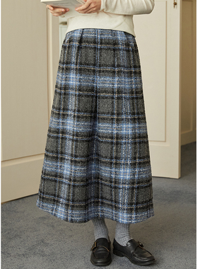忘城H979座/电影主角/秋冬新款文艺羊毛混纺蓝灰格毛呢小A半身裙