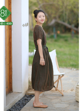 忘城8414座/少年游/夏季新款色织亚麻圆领a字连衣裙文艺短袖长裙