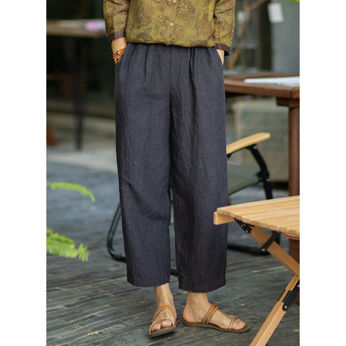 松紧腰忘城休闲亚麻哈伦九分裤