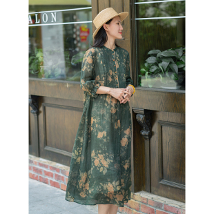 42支苎麻绿色复古印花五分袖 2022夏新款 连衣裙 花想容 忘城C604座